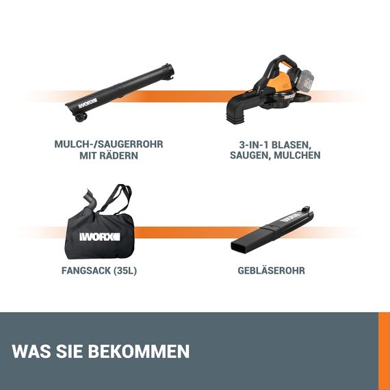 WORX WG583E.9 Akku-Laubbläser/Laubsauger 40V(2x20V), 2 in 1 zum Laub Zusammenkehren & Aufsaugen, max. 575 m³/h Blasleistung, 335km/h Luftstromgeschwindigkeit, 35L Fangsack (ohne Akku und Ladegerät)