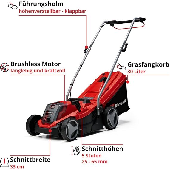 Einhell Akku-Rasenmäher GE-cm 18/33 Li-Solo Power X-Change (18 V, 33 cm Schnittbreite, bis 200 m², Brushless, 30L Grasfangkorb, 25-65 mm Schnitthöhe, ohne Akku)