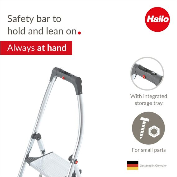 Hailo LivingStep Comfort, Alu-Klapptritt, 3 Stufen, hoher Sicherheitshaltebügel, Füße mit Soft-Grip-Sohlen, belastbar bis 150 kg, 4303-201
