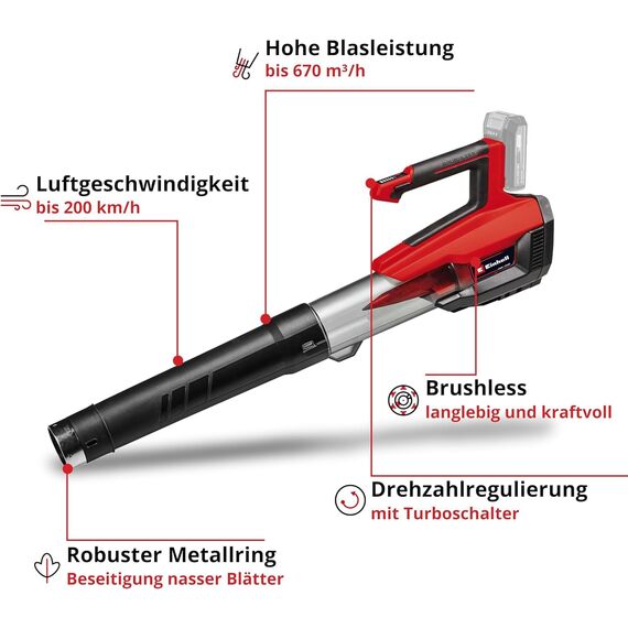 Einhell Akku-Laubbläser GP-LB 18/200 Li E-Solo Power X-Change (Li-Ion, 18V, bürstenloser Motor, Drehzahlregulierung, Axialgebläse-Technologie, ohne Akku und Ladegerät)