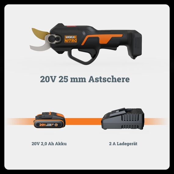 Worx NITRO WG330E Akku Astschere 20V - Müheloses Schneiden dank elektrischen Antrieb, Bürstenloser Motor, inkl. 2Ah Akku und Ladegerät