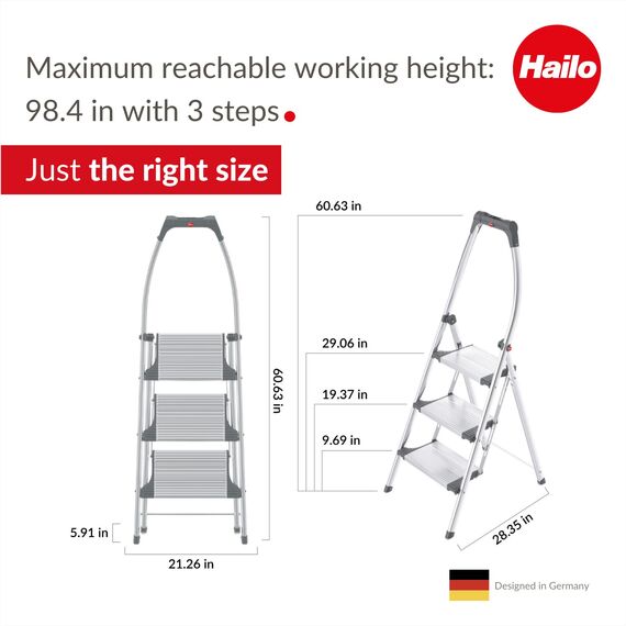 Hailo LivingStep Comfort, Alu-Klapptritt, 3 Stufen, hoher Sicherheitshaltebügel, Füße mit Soft-Grip-Sohlen, belastbar bis 150 kg, 4303-201