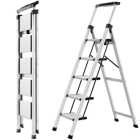 XinSunho Leiter mit 5 Stufen, einziehbarer Handgriff, klappbarer Tritthocker mit rutschfestem breitem Pedal, Aluminiumhocker, Leiter 5 Stufen, 150 kg Sicherheitsleiter für den Haushalt