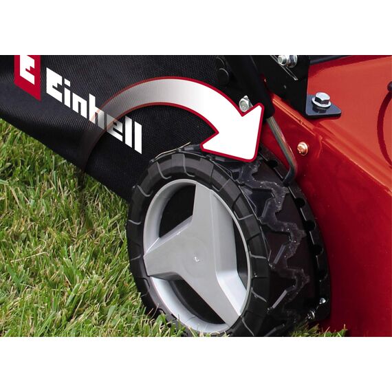 Einhell Benzin-Rasenmäher GC-PM 46/4 S (2 kW, bis 1400 m≤, 4-Takt-Motor, 46 cm Schnittbreite, 50 L Fangsack, abschaltbarer Hinterradantrieb, 9-stufige zentrale Schnitthöhenverstellung 30-80 mm)