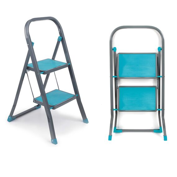 Beldray LA023957TQFEU7 2 Stufen Leiter - Klappbar/kompakt 80cm hohe Tritthocker, 150kg max Trittleiter mit Handläuf, rutschfeste Stehleiter, Leicht für außen/innen Reinigung, Dekorieren, Lackieren