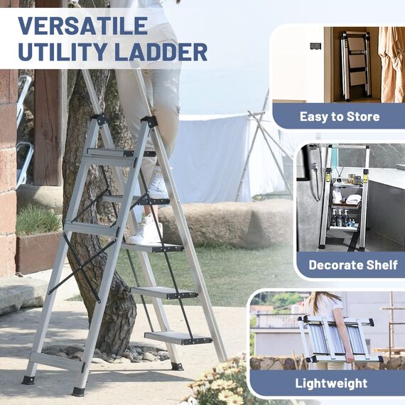 XinSunho Leiter mit 5 Stufen, einziehbarer Handgriff, klappbarer Tritthocker mit rutschfestem breitem Pedal, Aluminiumhocker, Leiter 5 Stufen, 150 kg Sicherheitsleiter für den Haushalt