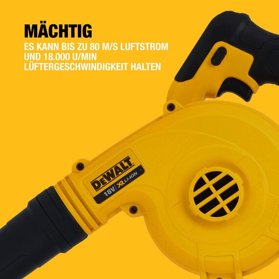 DEWALT Akku-Gebläse/Luftbesen (18V, 290 km/h Blasgeschwindigkeit, DREI-Stufen-Schalter, Lieferung ohne Akku und Ladegerät), DCV100
