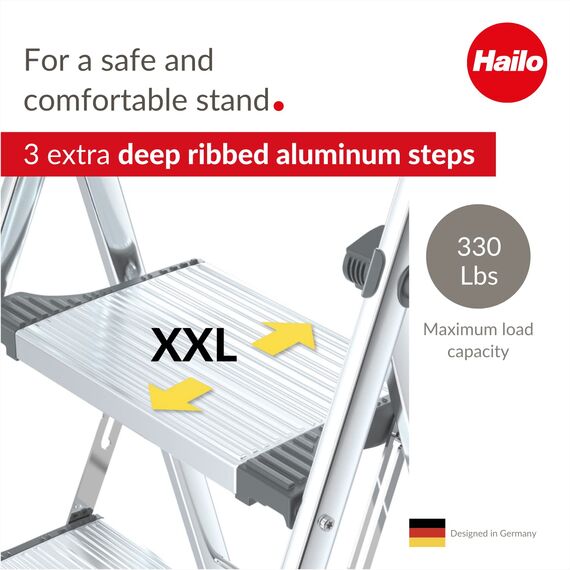 Hailo LivingStep Comfort, Alu-Klapptritt, 3 Stufen, hoher Sicherheitshaltebügel, Füße mit Soft-Grip-Sohlen, belastbar bis 150 kg, 4303-201