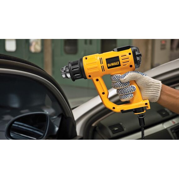 Dewalt 2.000 Watt Heißluftpistole D26414 (Temperatur 50-600°, Luftdurchsatz: 650 l/min, mit Flach- sowie Konusdüse und Lackschaber, sichere vertikale Standposition zum stationären Einsatz)
