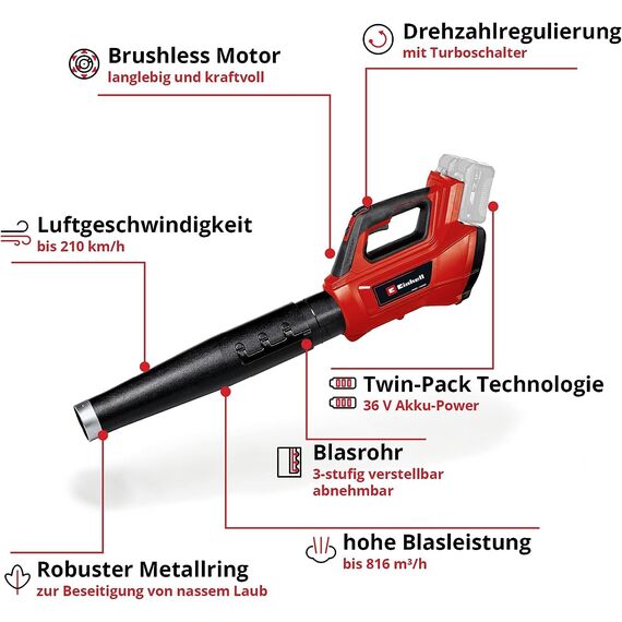 Einhell Professional Akku-Laubbläser GP-LB 36/210 Li E-Solo Power X-Change (Lithium-Ionen, 816m³/h Blasleistung, Turboschalter, 3-stufiges + abnehmbares Rohr, ohne Akku und Ladegerät)