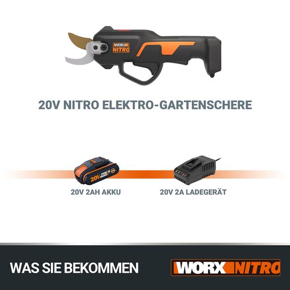 Worx NITRO WG330E Akku Astschere 20V - Müheloses Schneiden dank elektrischen Antrieb, Bürstenloser Motor, inkl. 2Ah Akku und Ladegerät