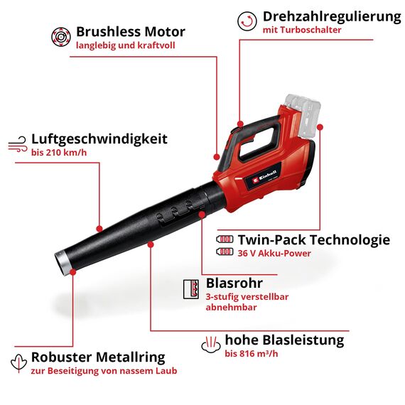 Einhell Akku-Laubbläser GE-LB 36/210 Li E Power X-Change (Li-Ion, 36 V, 816m³/h Blasleistung, Turboschalter, 3-stufiges + abnehmbares Rohr, inkl. 2x3 Ah Akku und Twincharger)