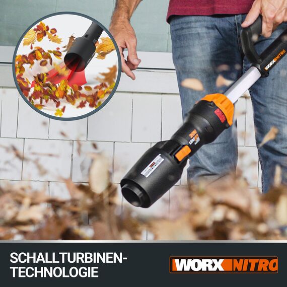 WORX WG543E Nitro Profi Akku-Laubbläser Leafjet 20V - leistungsstarker bürstenloser Motor - Luftgeschwindigkeit 209km/h – Luftmenge 696m³/h - leicht & kompakt - inkl. 4Ah PowerShare Akku & Ladegerät