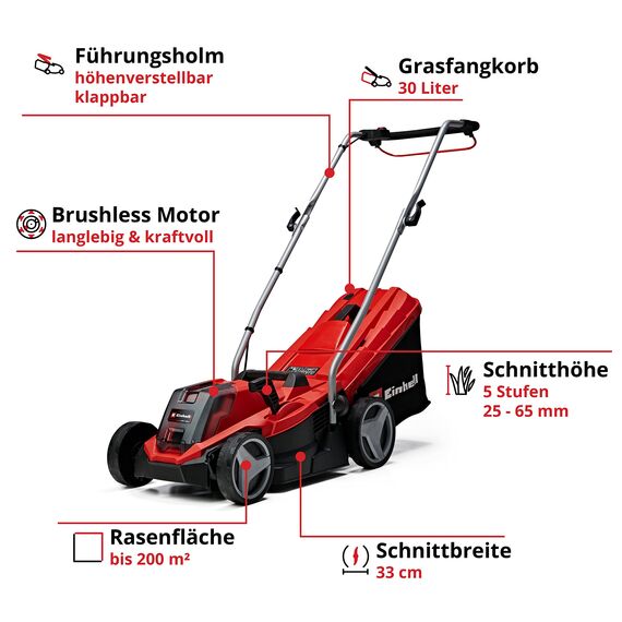 Einhell Akku-Rasenmäher GE-cm 18/33 Li Kit Power X-Change (18 V, 33 cm Schnittbreite, bis 200 m², Brushless, 30L Fangkorb, 25-65 mm Schnitthöhe, inkl. 4,0 Ah Akku + Ladegerät)