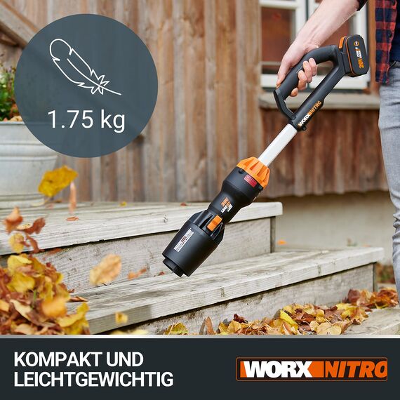 WORX WG543E Nitro Profi Akku-Laubbläser Leafjet 20V - leistungsstarker bürstenloser Motor - Luftgeschwindigkeit 209km/h – Luftmenge 696m³/h - leicht & kompakt - inkl. 4Ah PowerShare Akku & Ladegerät
