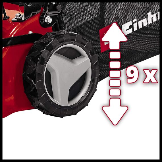 Einhell Benzin-Rasenmäher GC-PM 46/4 S (2 kW, bis 1400 m≤, 4-Takt-Motor, 46 cm Schnittbreite, 50 L Fangsack, abschaltbarer Hinterradantrieb, 9-stufige zentrale Schnitthöhenverstellung 30-80 mm)
