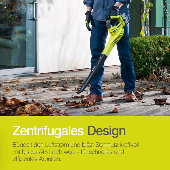 RYOBI 18 V ONE+ Akku-Laubgebläse OBL1820S (Luftgeschwindigkeit 245 km/h, Luftmenge 2,6 m³/min, ohne Akku & Ladegerät im Karton)