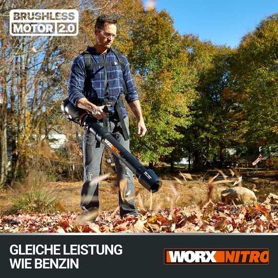 WORX Nitro WG572E 80V (4x20V/4Ah) Laubbläser – Profi mit leistungsstark bürstenlosem Motor – großes Luftvolumen – Variable Geschwindigkeit mit Turbomodus – inkl. 4 x Pro Akkus & Basecamp Ladengerät