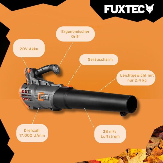 FUXTEC Akku Laubbläser 20V FX-E1LB20 - Inklusive 1 x Li-Ion 4Ah-Akku und 2,4A Ladestation - Laubgebläse zum Entfernen von Laub für Garten, Gehweg und Einfahrt - Leise - bis 38m/s