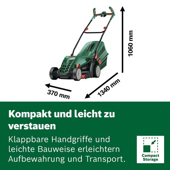 Bosch kabelgebundener Rasenmäher UniversalRotak 34-405 (1300-W-Motor, Schnittbreite: 34 cm, 40-Liter-Grasfangkorb, geeignet für ebenes Rasenmähen und Schneiden kleinster Kanten)