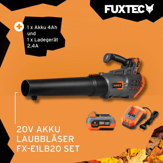 FUXTEC Akku Laubbläser 20V FX-E1LB20 - Inklusive 1 x Li-Ion 4Ah-Akku und 2,4A Ladestation - Laubgebläse zum Entfernen von Laub für Garten, Gehweg und Einfahrt - Leise - bis 38m/s