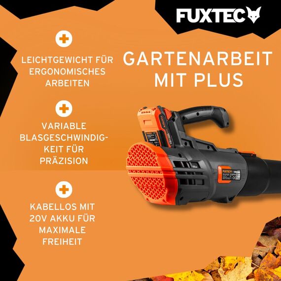 FUXTEC Akku Laubbläser 20V FX-E1LB20 - Inklusive 1 x Li-Ion 4Ah-Akku und 2,4A Ladestation - Laubgebläse zum Entfernen von Laub für Garten, Gehweg und Einfahrt - Leise - bis 38m/s