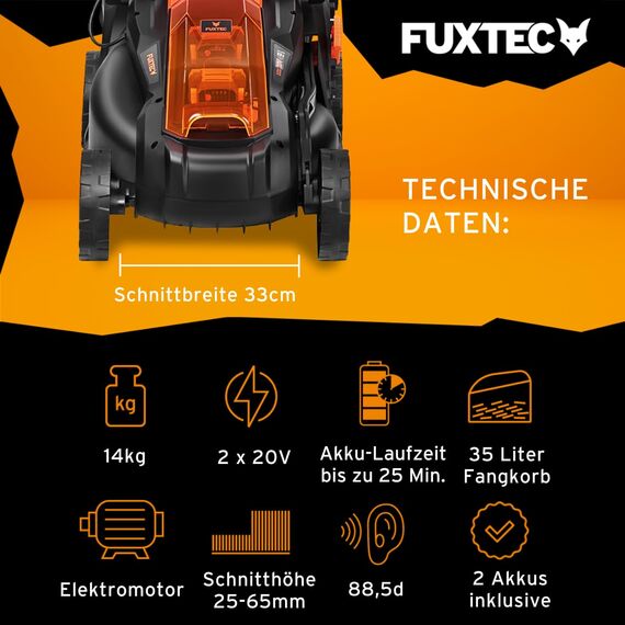 FUXTEC Akku Rasenmäher 40V (2x20V) E1RM20 – Schnittbreite 33cm, Variable Schnitthöhe Elektrorasenmäher, kabellos (Li-Ion Akku & Ladegerät Nicht inklusive)