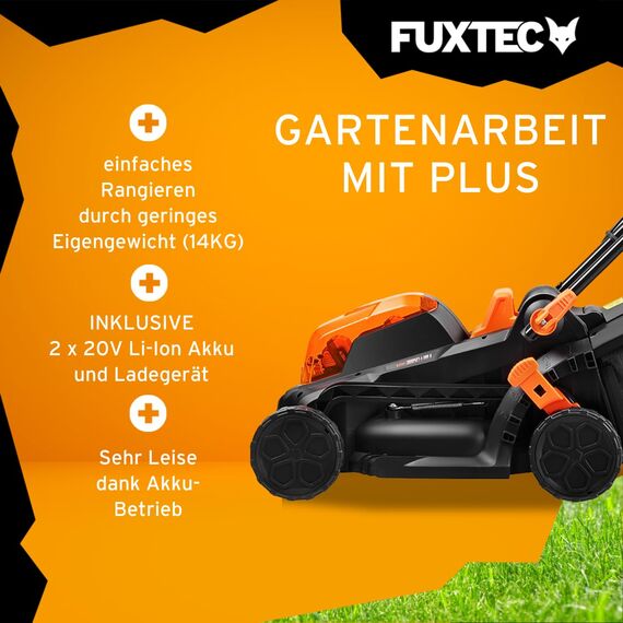 FUXTEC Akku Rasenmäher 40V (2x20V) E1RM20 inkl. 2x20V Li-Ion Batterie 2Ah & Doppel-Ladegerät – Schnittbreite 33cm, Variable Schnitthöhe