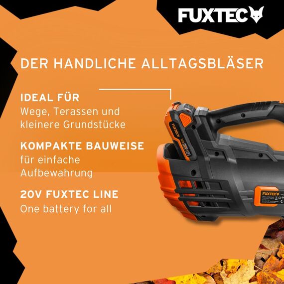 FUXTEC Akku Laubbläser 20V FX-E1LB20 - Inklusive 1 x Li-Ion 4Ah-Akku und 2,4A Ladestation - Laubgebläse zum Entfernen von Laub für Garten, Gehweg und Einfahrt - Leise - bis 38m/s