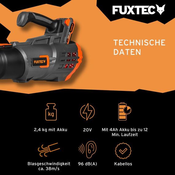 FUXTEC Akku Laubbläser 20V FX-E1LB20 - Inklusive 1 x Li-Ion 4Ah-Akku und 2,4A Ladestation - Laubgebläse zum Entfernen von Laub für Garten, Gehweg und Einfahrt - Leise - bis 38m/s