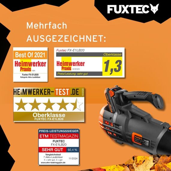 FUXTEC Akku Laubbläser 20V FX-E1LB20 - Inklusive 1 x Li-Ion 4Ah-Akku und 2,4A Ladestation - Laubgebläse zum Entfernen von Laub für Garten, Gehweg und Einfahrt - Leise - bis 38m/s