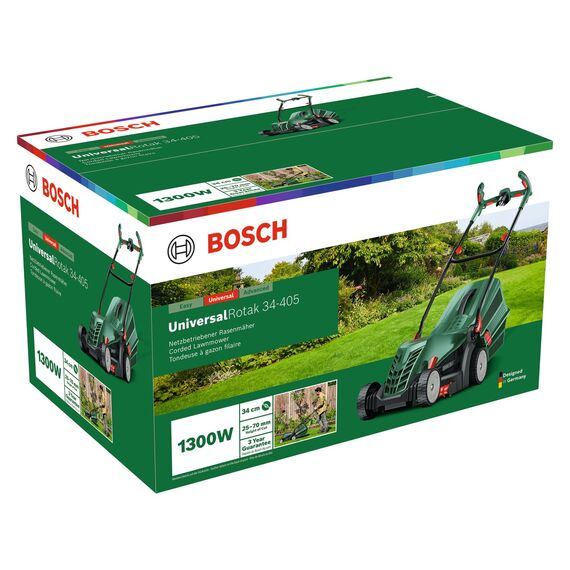 Bosch kabelgebundener Rasenmäher UniversalRotak 34-405 (1300-W-Motor, Schnittbreite: 34 cm, 40-Liter-Grasfangkorb, geeignet für ebenes Rasenmähen und Schneiden kleinster Kanten)