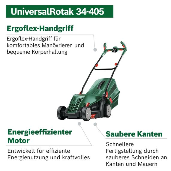 Bosch kabelgebundener Rasenmäher UniversalRotak 34-405 (1300-W-Motor, Schnittbreite: 34 cm, 40-Liter-Grasfangkorb, geeignet für ebenes Rasenmähen und Schneiden kleinster Kanten)