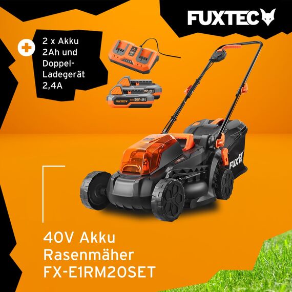 FUXTEC Akku Rasenmäher 40V (2x20V) E1RM20 inkl. 2x20V Li-Ion Batterie 2Ah & Doppel-Ladegerät – Schnittbreite 33cm, Variable Schnitthöhe