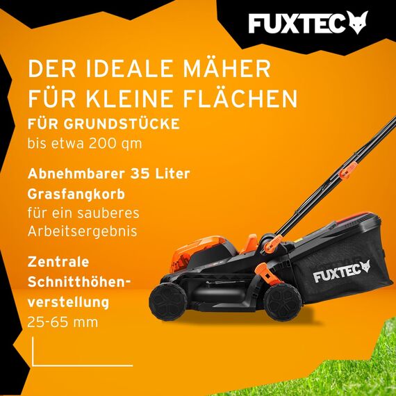 FUXTEC Akku Rasenmäher 40V (2x20V) E1RM20 inkl. 2x20V Li-Ion Batterie 2Ah & Doppel-Ladegerät – Schnittbreite 33cm, Variable Schnitthöhe
