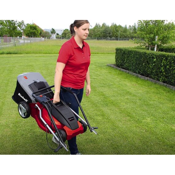 Einhell Elektro Rasenmäher GC-EM 1536 (1.500W, 36cm Schnittbr., 38L Fangbox, 25-65mm Schnitth., klappb. Führungsholm, leicht und robust) Schwarz, Rot