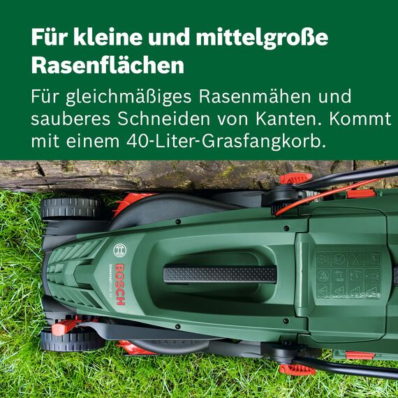 Bosch kabelgebundener Rasenmäher UniversalRotak 34-405 (1300-W-Motor, Schnittbreite: 34 cm, 40-Liter-Grasfangkorb, geeignet für ebenes Rasenmähen und Schneiden kleinster Kanten)