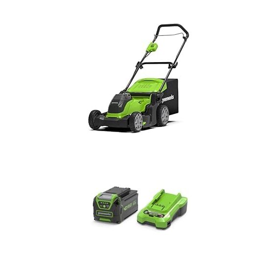 Greenworks 40V Kabelloser 40V Akku-Rasenmäher für Flächen bis zu 500 m² mit 41cm Schnittbreite G40LM41, 50L Sack, 3 Jahre Garantie mit 40V 4Ah Lithium-Ionen-Akku & 2A Universal Ladegerät Kit GSK40B4