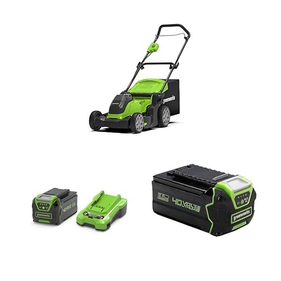 Greenworks 40 V Kabelloser Akku Rasenmäher, 41 cm Schnittbreite mit 40V 4Ah-Akku & 2A Universal Ladegerät Boni 40 V 5Ah-Akku
