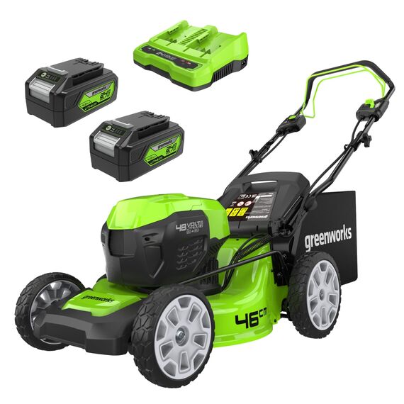Greenworks Selbstfahrender Akku Rasenmäher 48V (24V x 2) bis zu 480m², 46cm Schnittbreite, 55L Sack Rasenmäher Elektro Plus Zwei 4Ah-Akkus und Doppelladegerät,3 Jahre Garantie,GD24X2LM46SPK4X