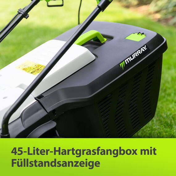 Murray Rasenmäher Elektro 2-in-1 LE380E - Rasenmäher Elektrisch 1600W/38cm mit Grasfangbox 45L für Rasenflächen bis zu 500m2 - Elektro Rasenmäher mit Ergonomischer Softgriff und Überlastschutz