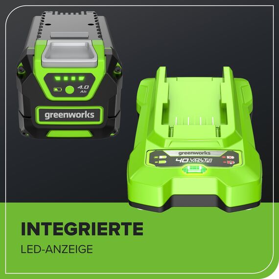 Greenworks 40 V Kabelloser Akku Rasenmäher, 41 cm Schnittbreite mit 40V 4Ah-Akku & 2A Universal Ladegerät Boni 40 V 5Ah-Akku