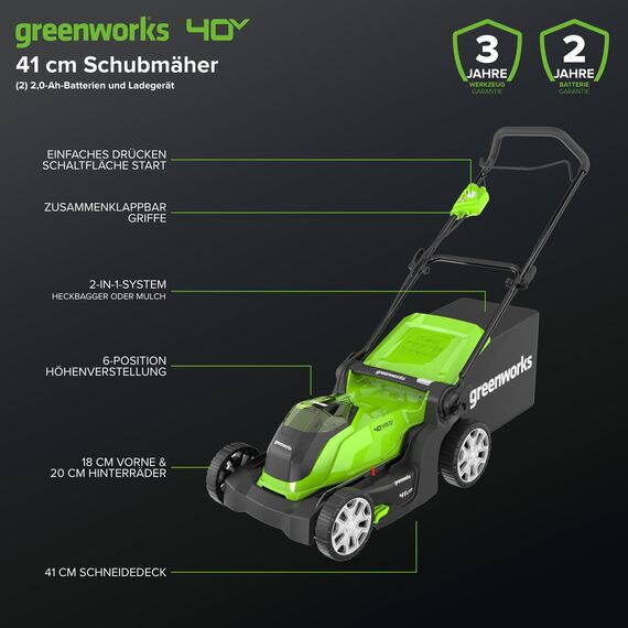 Greenworks 40 V Kabelloser Akku Rasenmäher, 41 cm Schnittbreite mit 40V 4Ah-Akku & 2A Universal Ladegerät Boni 40 V 5Ah-Akku