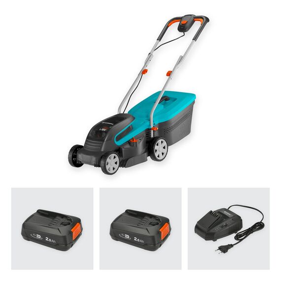 Gardena Akku-Rasenmäher PowerMax 32/36V P4A Ready-to-Use Set: Rasenmäher bis 200 m², 32 cm Schnittbreite, 30 l Fassungsvolumen, Schnitthöhe 20-60 mm, inkl. 2 x 18V P4A Akku (14621-20)