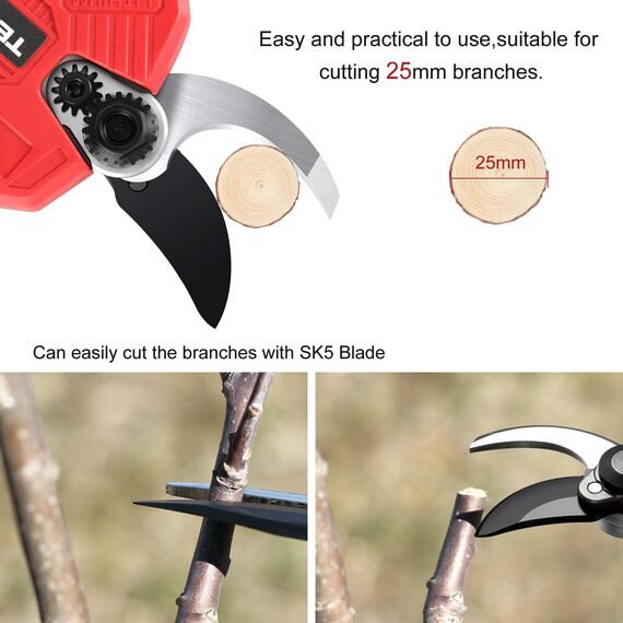 TEENO Elektrische Baumschere 21V, Professionelle Gartenschere MAX 25 mm Schnittdurchmesser, Schere Astschneider Rosenschere Kabellos mit Sicherheitsschalter, 2 * 2000mAh Akkus für 6-8 Arbeitsstunden