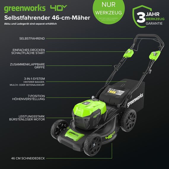 Greenworks GD40LM46SP Selbstfahrender Akku Rasenmäher mit bürstenlosem Motor für größere Flächen bis zu 600 m², 46 cm Schnittbreite, 55-Liter-Sack OHNE 40 V Akku und Ladegerät, 3 Jahre Garantie