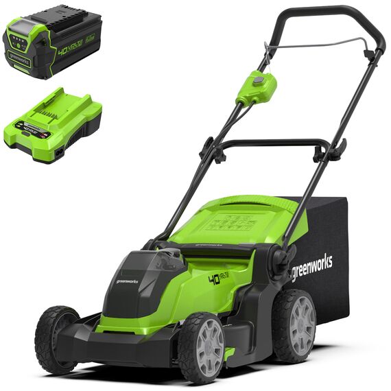 Greenworks 40V Kabelloser 40V Akku-Rasenmäher für Flächen bis zu 500 m² mit 41cm Schnittbreite G40LM41, 50L Sack, 3 Jahre Garantie mit 40V 4Ah Lithium-Ionen-Akku & 2A Universal Ladegerät Kit GSK40B4