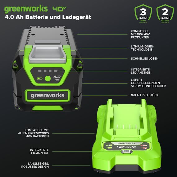 Greenworks 40 V Kabelloser Akku Rasenmäher, 41 cm Schnittbreite mit 40V 4Ah-Akku & 2A Universal Ladegerät Boni 40 V 5Ah-Akku