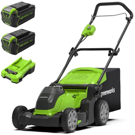 Greenworks 40 V Kabelloser Akku Rasenmäher, 41 cm Schnittbreite mit 40V 4Ah-Akku & 2A Universal Ladegerät Boni 40 V 5Ah-Akku