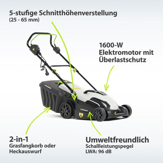 Murray Rasenmäher Elektro 2-in-1 LE380E - Rasenmäher Elektrisch 1600W/38cm mit Grasfangbox 45L für Rasenflächen bis zu 500m2 - Elektro Rasenmäher mit Ergonomischer Softgriff und Überlastschutz